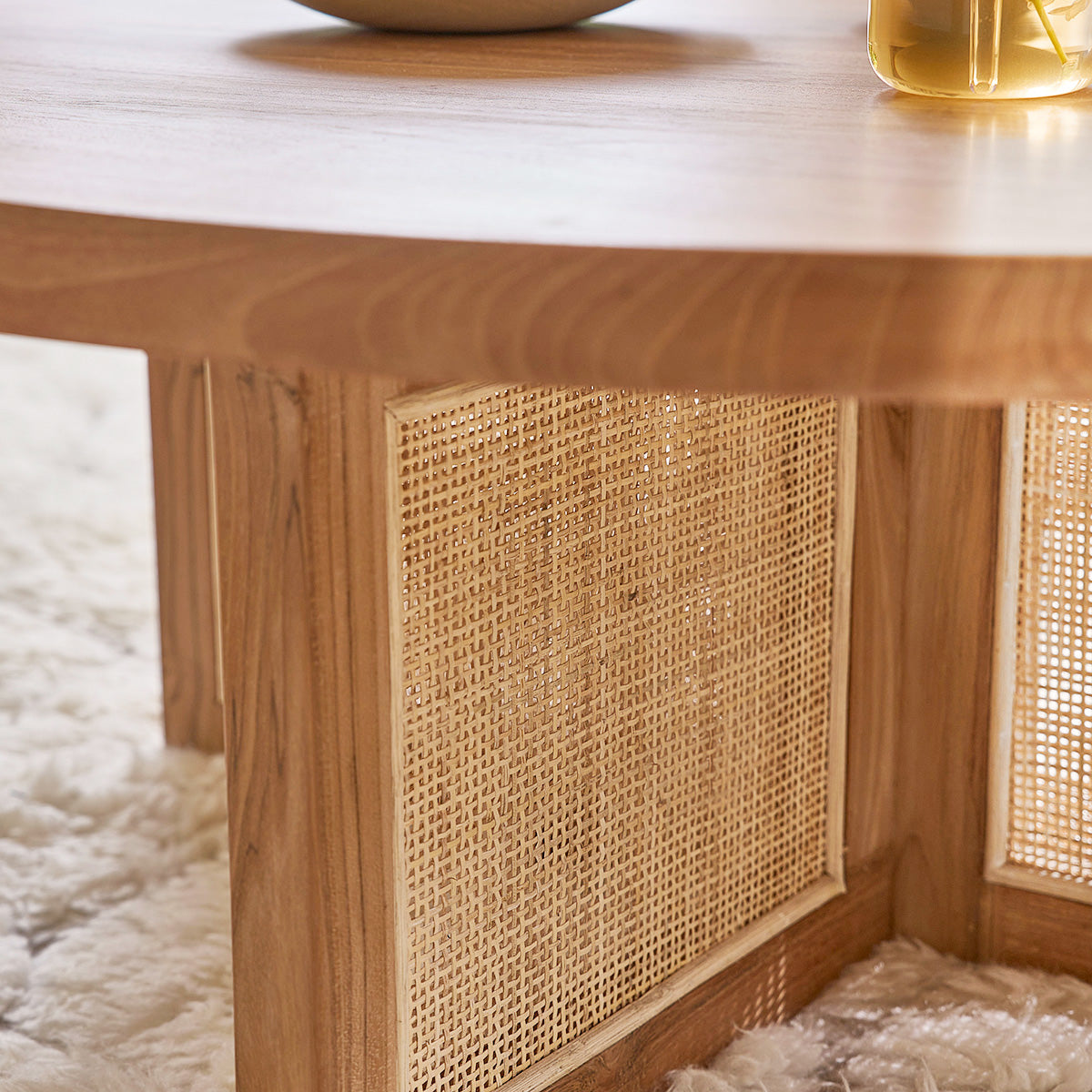MARCEAU - Table basse en teck massif pied cannage Ø 100 cm