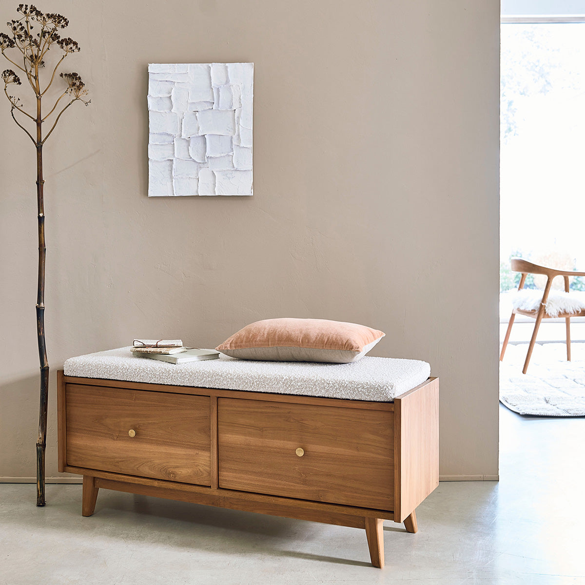 SERENE - Banc en teck massif et tissu bouclette 120 cm