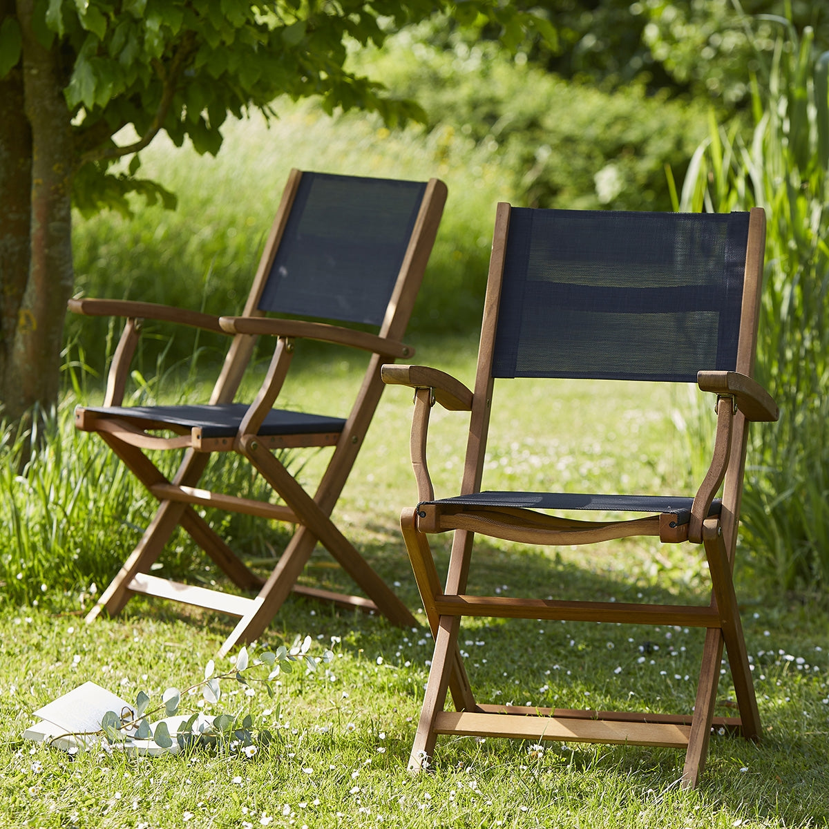 HANOÏ - Fauteuil en acacia massif et textilène noir (lot de 2)