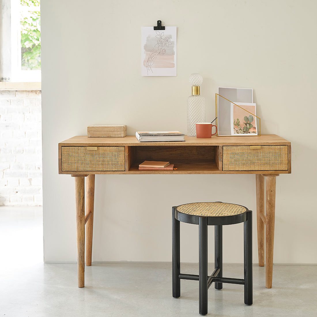 FELICIE - Bureau en manguier massif et cannage 120 cm