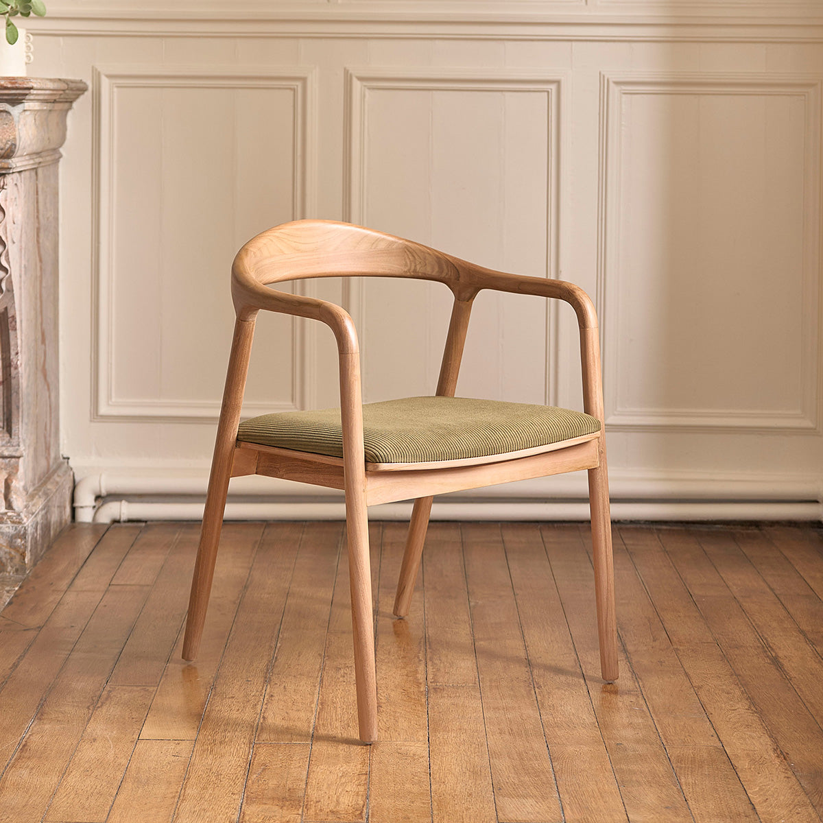 AMBRE - Lot de 2 chaises en teck massif assise velours côtelé kaki