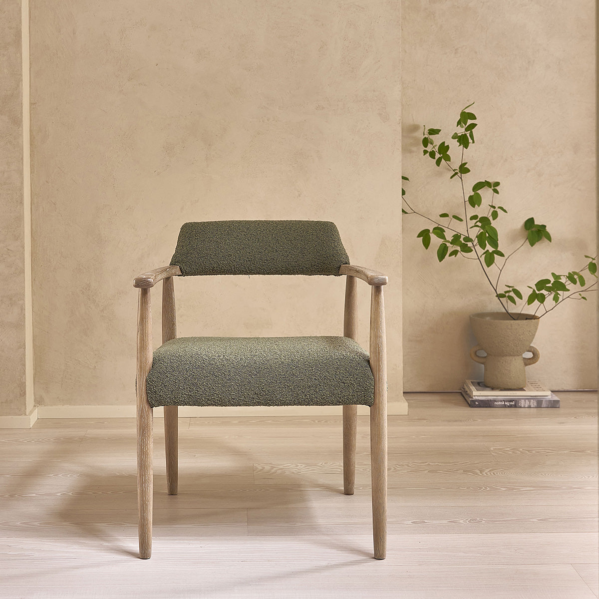 LUISA - Chaise en chêne et tissu bouclette kaki