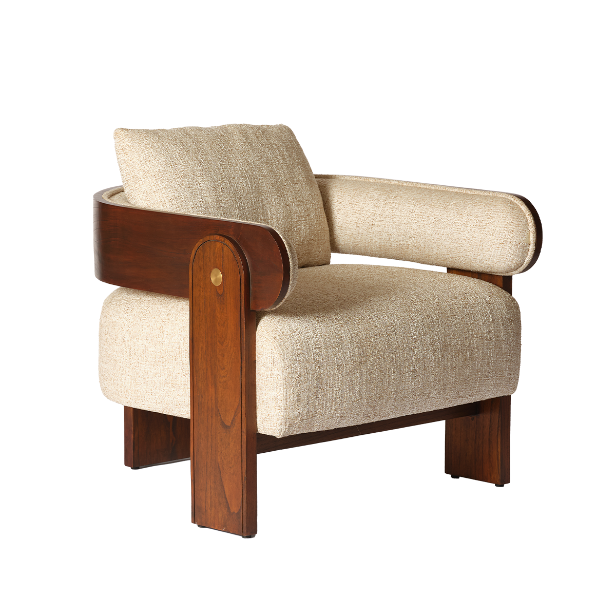 ARCHIBALD - Fauteuil en mindi massif et tissu texturé beige chiné