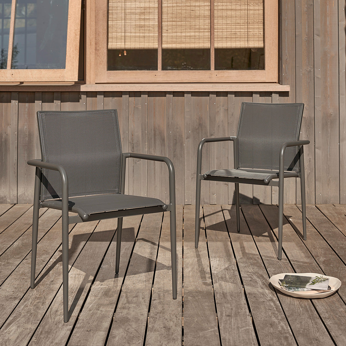 LAGON - Fauteuil en aluminium et textilène gris (lot de 2)