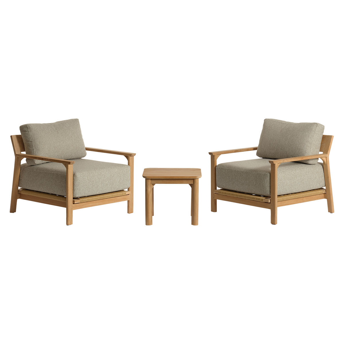 PIANA - Salon de jardin bas en teck massif avec coussins gris chiné 2 pers.