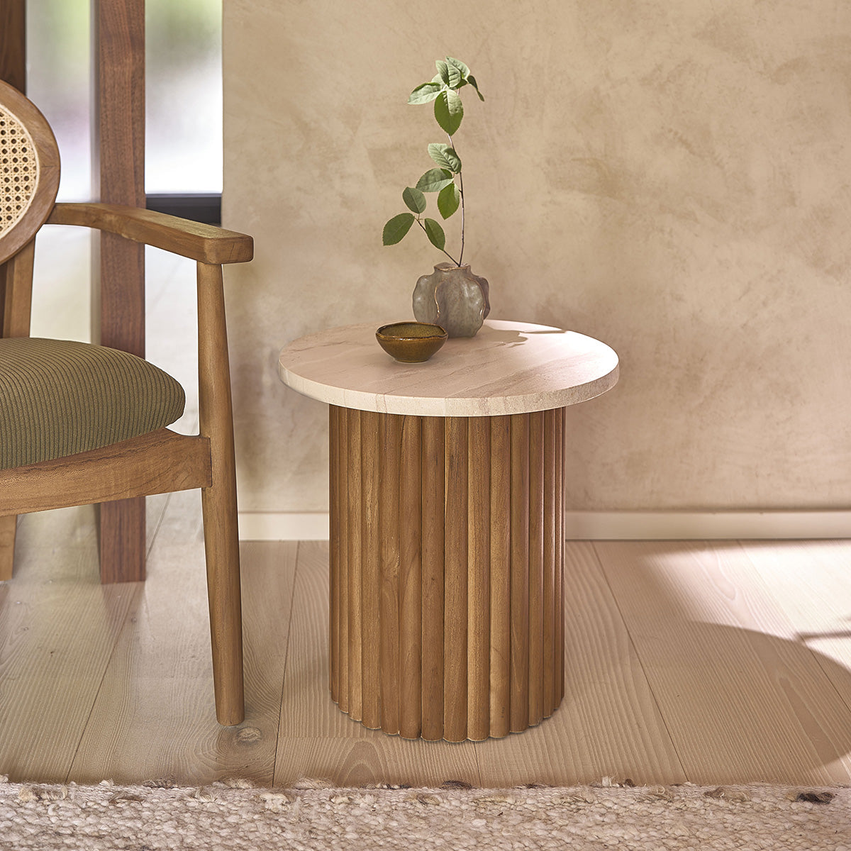 COLINE - Table d'appoint en teck massif et marbre ronde